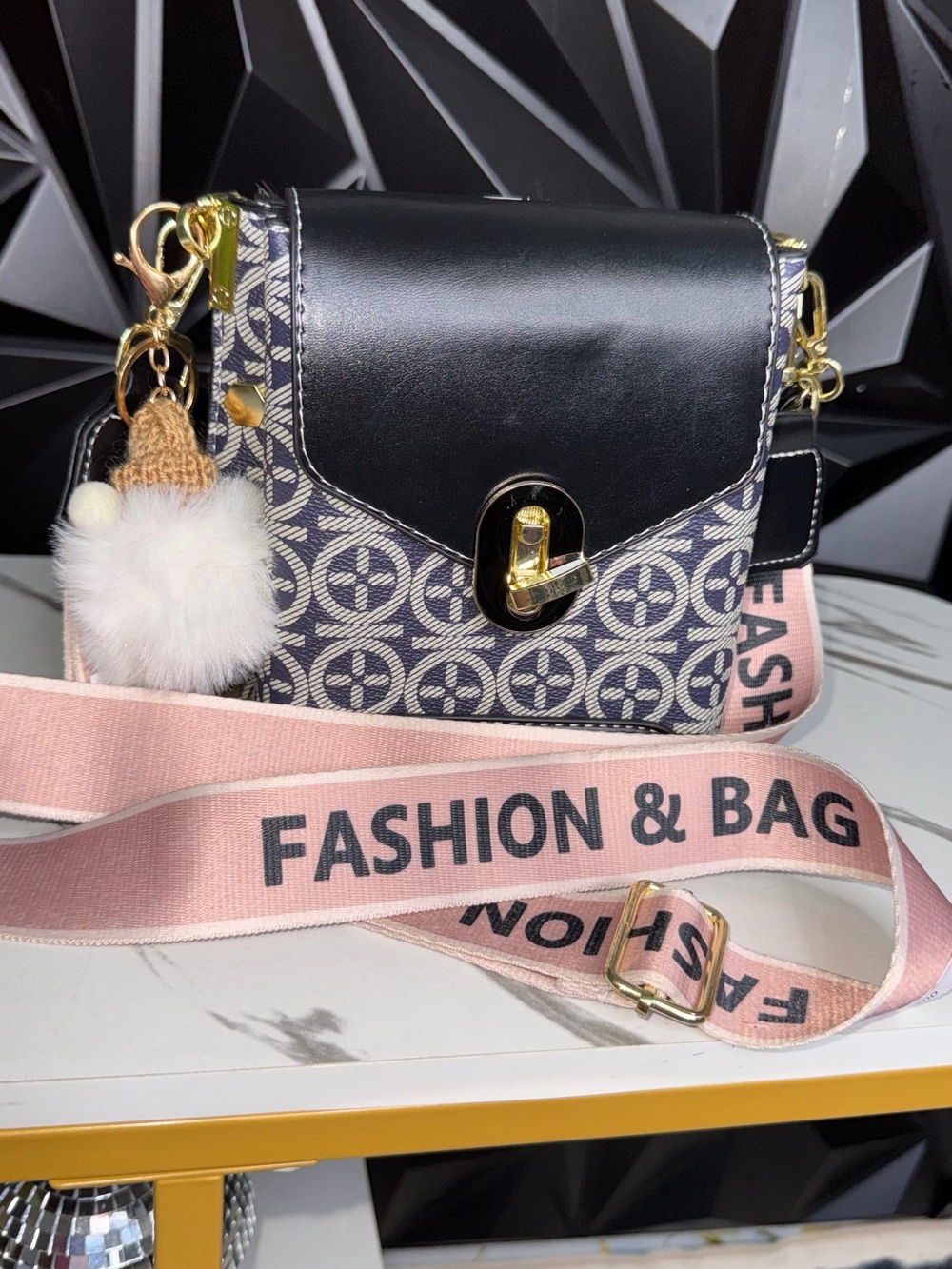 🔥👜Black Patterned Crossbody Bag with Pink 'Fashion & Bag' Strap and Pom Charm
